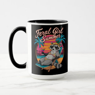 Caneca Verão de Menina Selvagem na Praia, Guaxinim Engraç