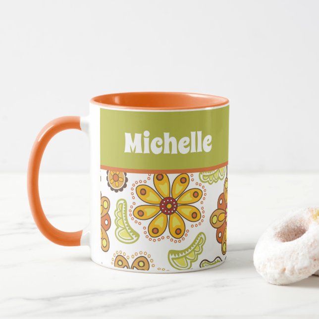 Caneca Verde Laranja Personalizado da Flor Retroativa (Com Donut)