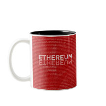 Caneca vermelha binária de Ethereum com texto