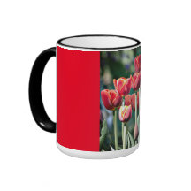 Caneca vermelha da campainha com tulipas vermelhas