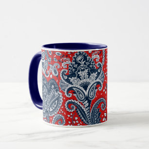 Caneca Vermelho Branco & Azul Floral Paisley Boêmio Boho