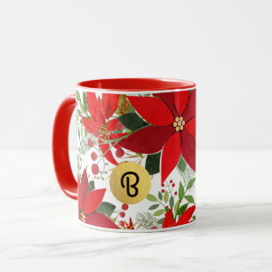 Caneca Vermelho Branco Dourado Natal Poinsettia Férias Pe