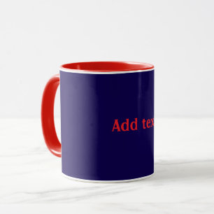 Caneca Vermelho, branco e azul com texto vermelho,