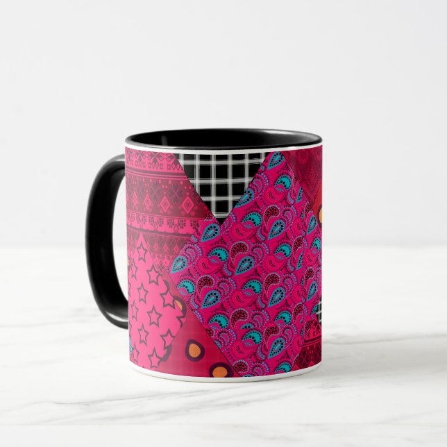 Caneca Vermelho  Carmesim  Patchwork colorido   (Frente Esquerda)