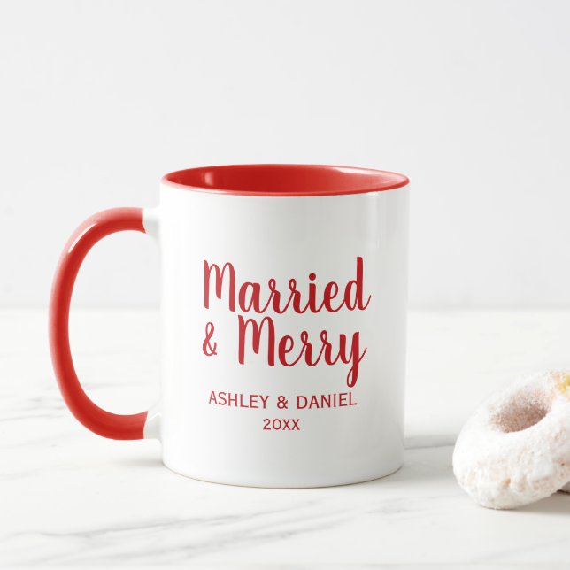 Caneca Vermelho e Branco de Feriado Feliz casados (Com Donut)