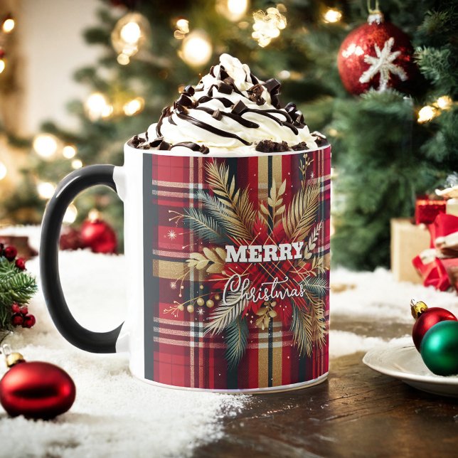 Caneca Vermelho Elegante e Xadrez festiva Dourada (Criador carregado)