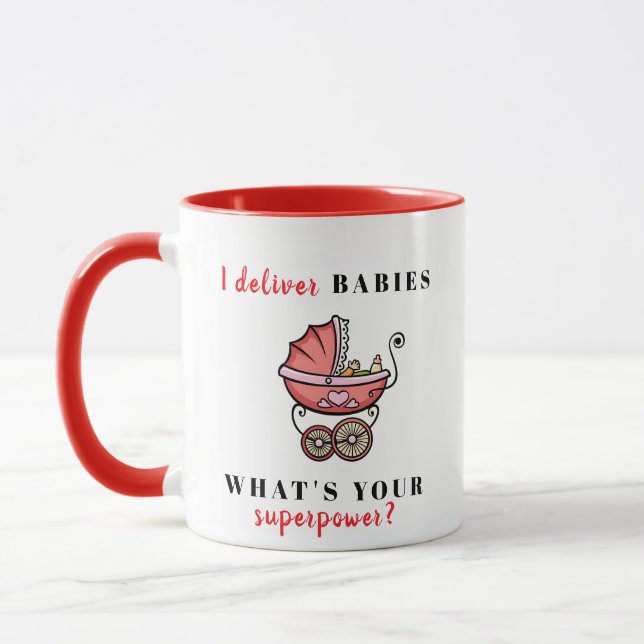 Caneca Vermelho "Eu dou bebês - Qual é o seu superpoder?" (Esquerda)