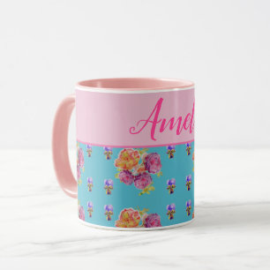 Caneca Vermelho Rosa Rosa Chique Teal Aqua Flor Floral