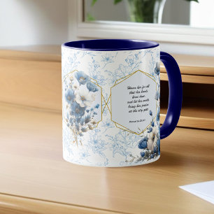 Caneca Verso da Bíblia Floral Branco Azul Moderno