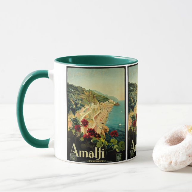 Caneca Viagens vintage, Praia Costeira Italiana Amalfi (Com Donut)