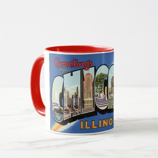 Caneca Viagens vintage, Saudações de Chicago Illinois (Frente Esquerda)