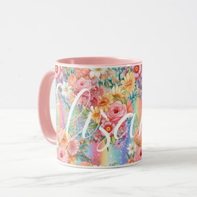 Caneca Vibes Positivos Brilhantes Rainbows Florais Nome P (Frente Esquerda)