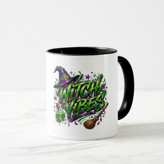 Caneca Vibrações de Bruxa Neon Verde e Roxo Witchcore Hal