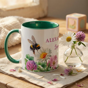 Caneca Vibrações de Primavera da Abelha de Aquarela Verde