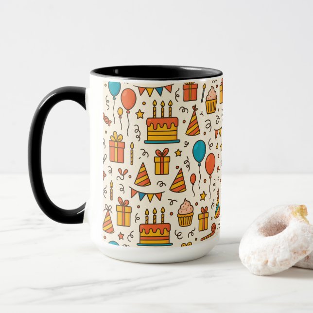 Caneca Vibrant Birthday Party Seamless Pattern (Com Donut)