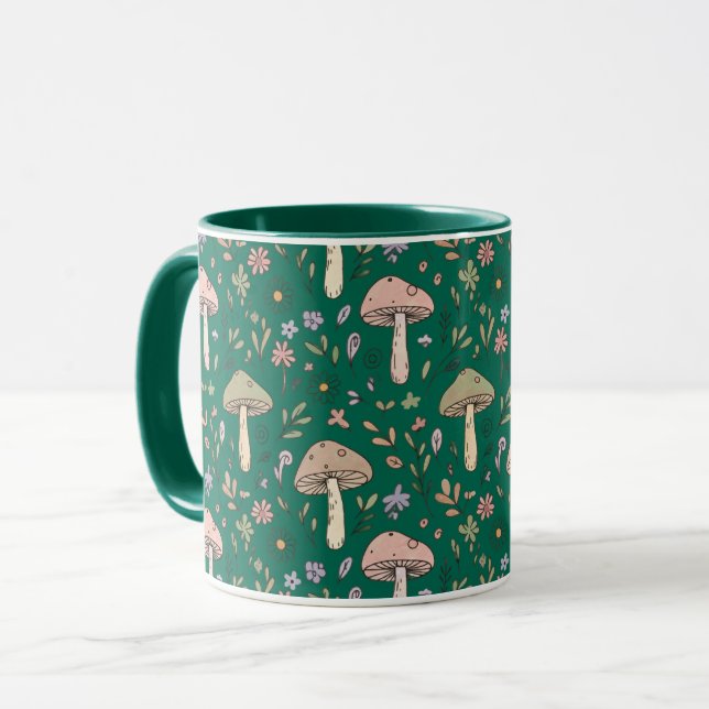 Caneca Vibrant Deep Emerald Fungi Seamless Pattern Luxury (Frente Esquerda)