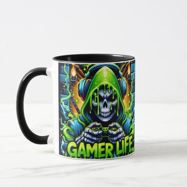 Caneca Vida de Gamer com Slime Verde Caveira (Esquerda)