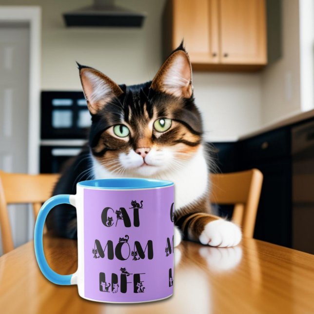 Caneca Vida de Mãe de Gato Moderna Roxa Dia das Mães Fofo (Criador carregado)