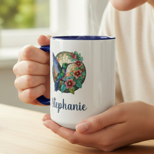 Caneca Vidro manchado floral de beija-flor