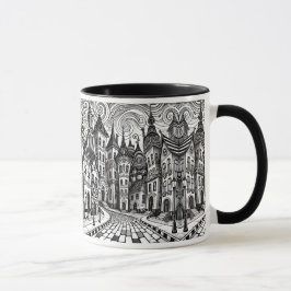 Caneca Village en noir et blanc avec des maisons penchées