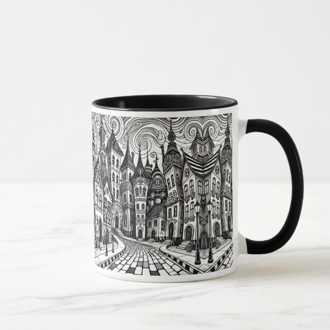 Caneca Village en noir et blanc avec des maisons penchées (Direita)