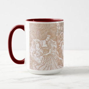 Caneca Vintage Art Nouveau Cream Floral Woman & Swans