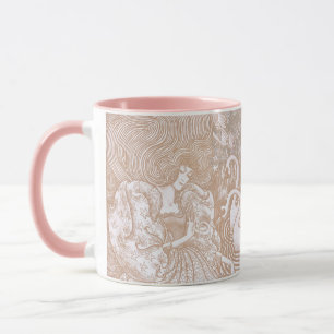 Caneca Vintage Art Nouveau Cream Floral Woman & Swans