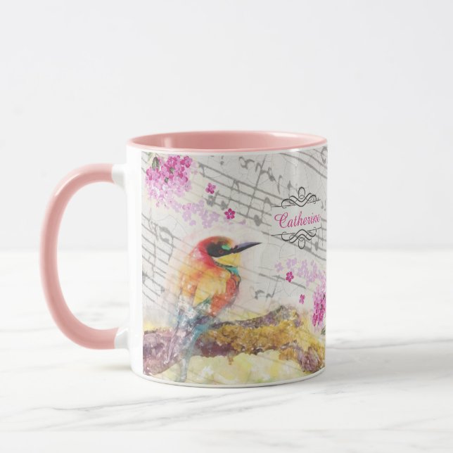 Caneca Vintage bird on tree rosa flower decoupage (Esquerda)
