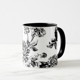 Caneca Vintage branco preto Toile floral botânico