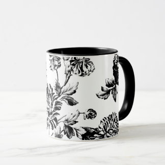 Caneca Vintage branco preto Toile floral botânico