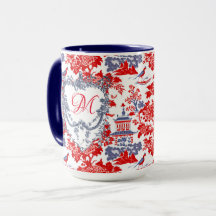 Vintage Chinoiserie Delft French red Blue monogram
