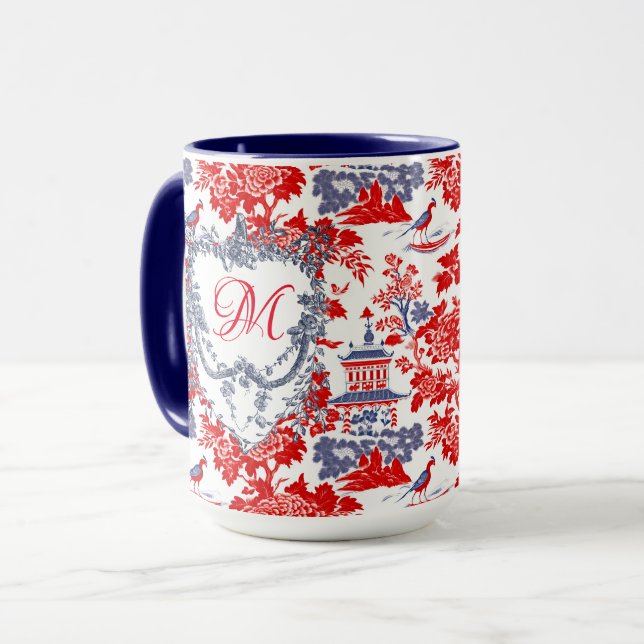 Caneca Vintage Chinoiserie Delft French red Blue monogram (Frente Esquerda)