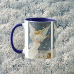 Caneca Vintage Christmas Victorian Angel with Stars Roses<br><div class="desc">Vintage illustration Christmas religious holiday image featuring a Victorian angel in the night sky with bright stars. This angelic lady is dropping pink flowers on a small town or village cover in snow in winter.</div>