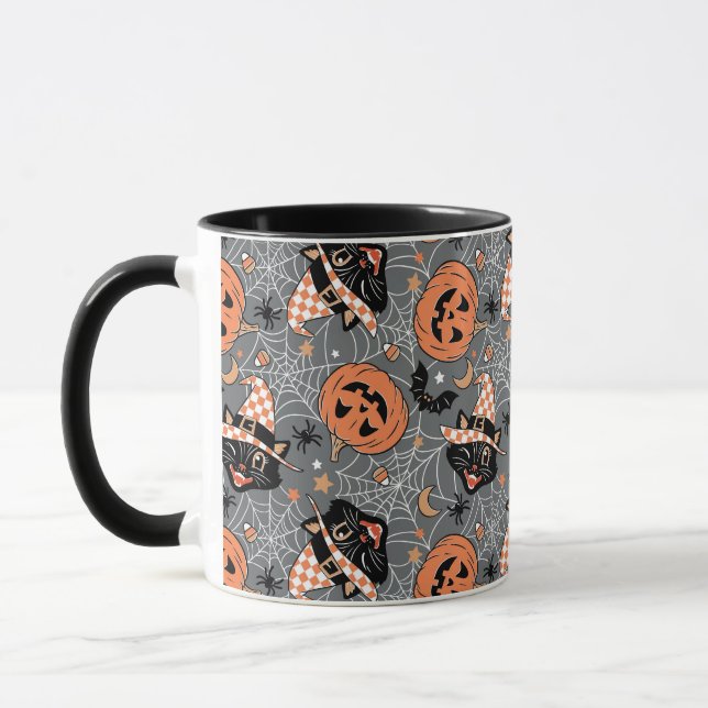 Caneca Vintage Halloween Cats e Pumpkins Patterno (Esquerda)
