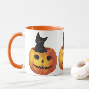 Caneca Vintage Halloween, Gato Negro Bonito em Pumpkin