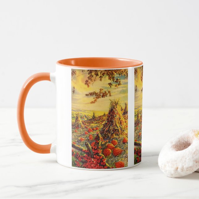 Caneca Vintage Halloween Pumpkin Patch com Haystacks (Com Donut)