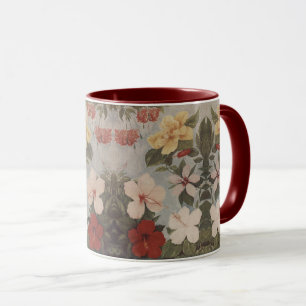 Caneca Vintage Hibiscus Flowers Floral Vermelho Rosa Amar
