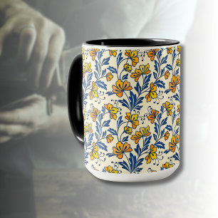 Caneca Vintage Laranja Amarelo Folclórico Floral Folha Az