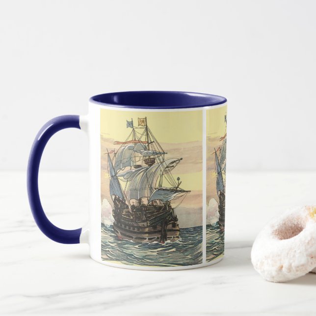 Caneca Vintage Pirate Ship, Galleon Seleando no Oceano (Com Donut)
