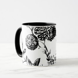 Caneca Vintage preto & branco Toile floral botânico