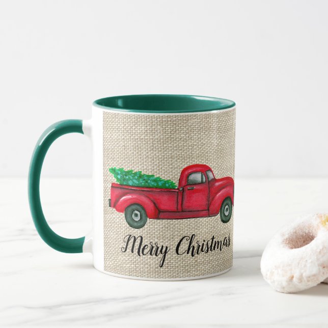 Caneca Vintage Red Truck, árvore de Natal (Com Donut)