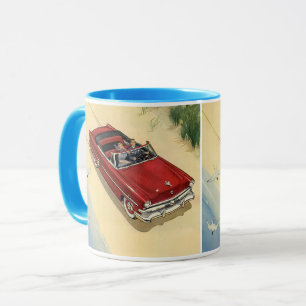 Caneca Vintage Transportation, Red Convertible Car Beach