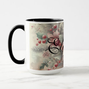 Caneca Vintage Watercolor Christmas Floral and Ornaments