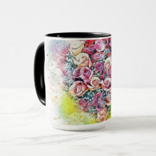 Caneca Vintage Watercolor de Coração Colorida de Rosas