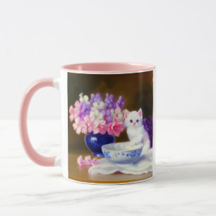 Caneca Vintage White Kitten com Fita Roxa