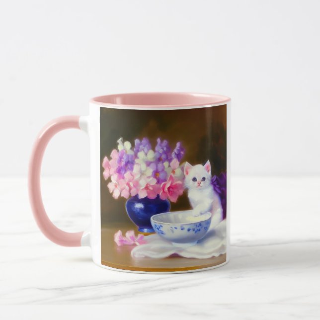 Caneca Vintage White Kitten com Fita Roxa (Esquerda)