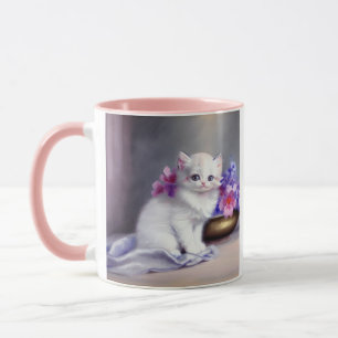 Caneca Vintage White Kitten com Flores Rosa e Púrpura