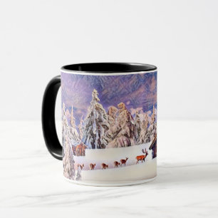 Caneca Vintage Winter Scenerdeer Log Cabin Painting