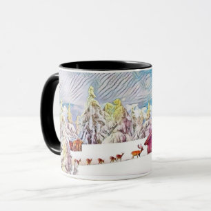 Caneca Vintage Winter Scenerdeer Log Cabin Painting