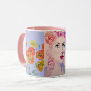 Caneca Vintage Woman 1940's Hair Poppies Watercolor Mug